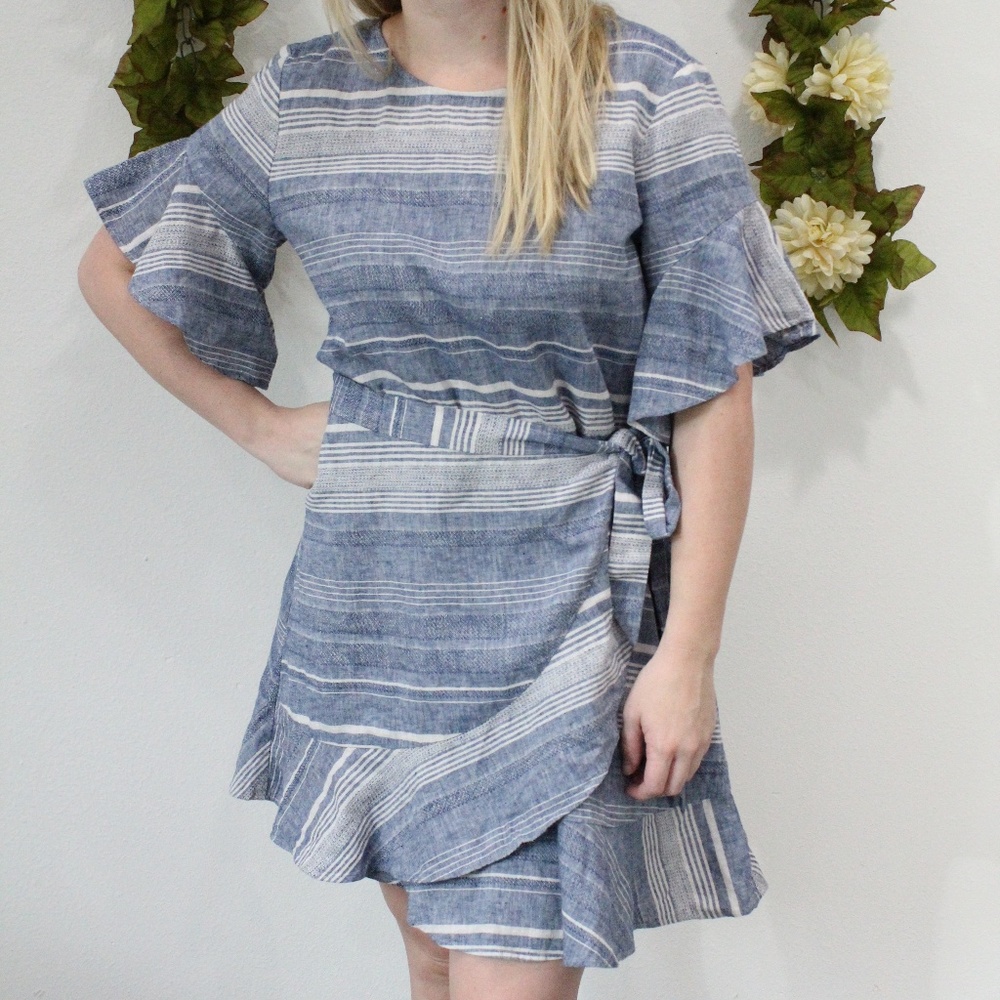 EXPRESS - Blue and White Striped Linen Wrap Dress